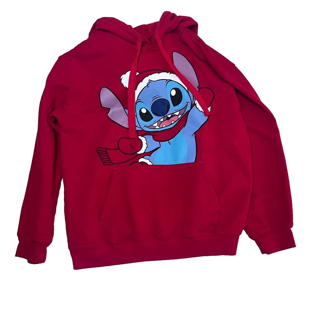 Disney Lilo and Stitch Christmas Hoodie Juniors Large 11-13 Red Santa Flawed